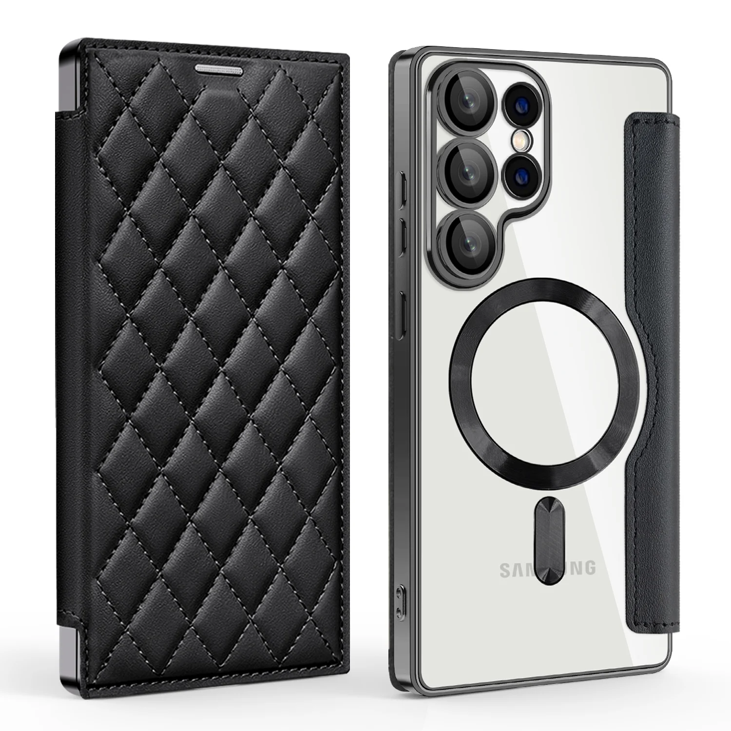 

Чехол для телефона из искусственной кожи с магнитной зарядкой и ромбовидным узором для Samsung Galaxy S23 S24 S25 Ultra Plus S25 EDGE S24FE