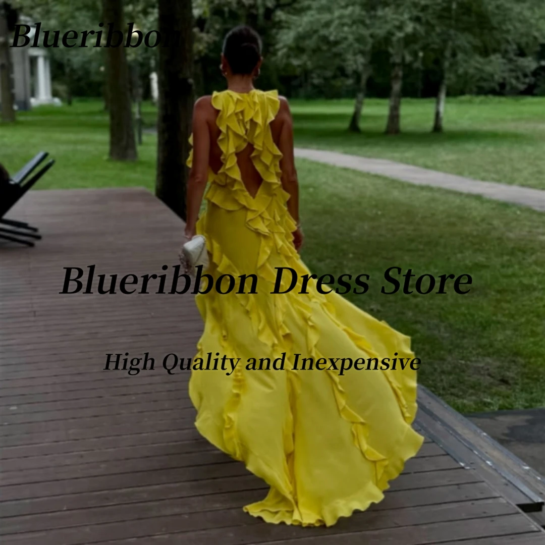 Blueribbon Sexy Open Back Prom Jurken O-hals Ruches Hoog Laag Verjaardagsfeestje Jurk Vrouwen Dragen Avondjurken Aangepast