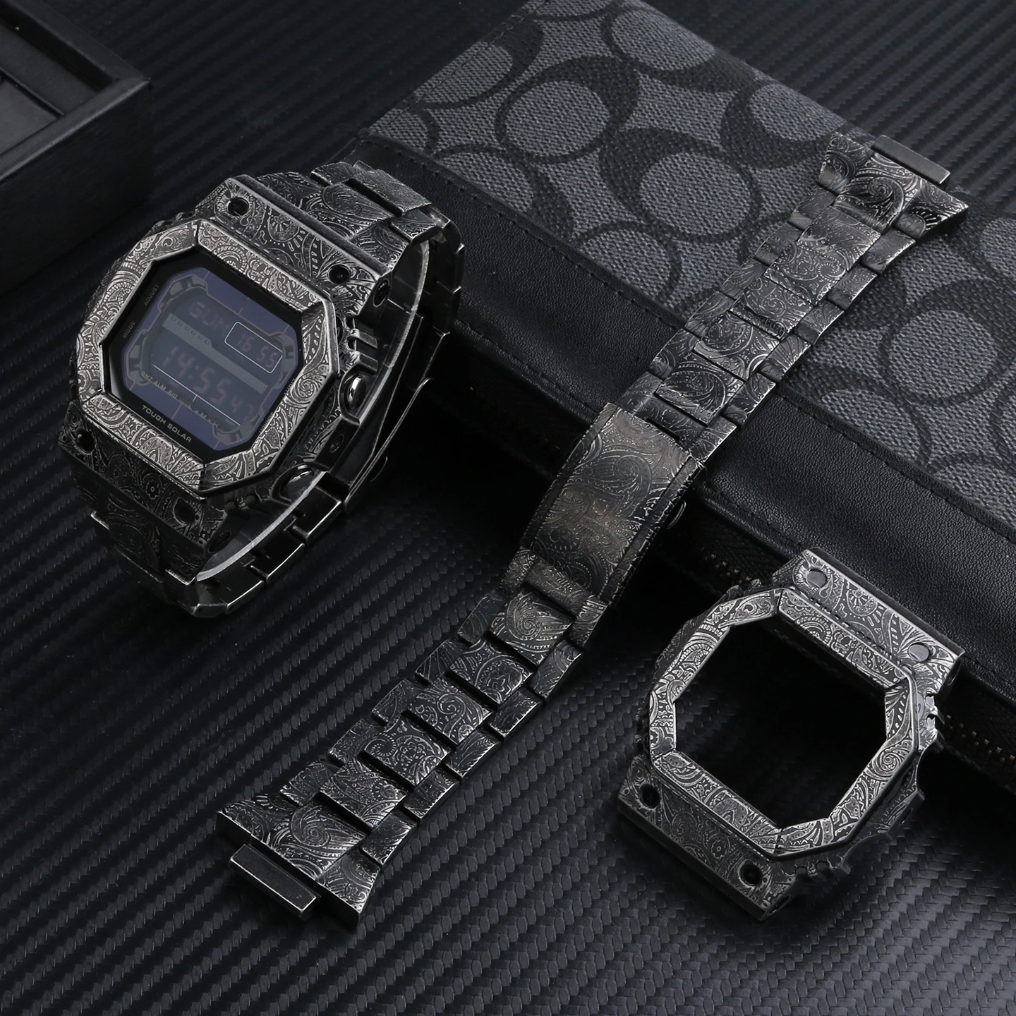 G-Refit GX56 حزام (استيك) ساعة/حافظة GXW56 حزام معدني 304L الفولاذ المقاوم للصدأ نمط بيزلي + أدوات ل G-SHOCK كاسيو GWX56BB #4