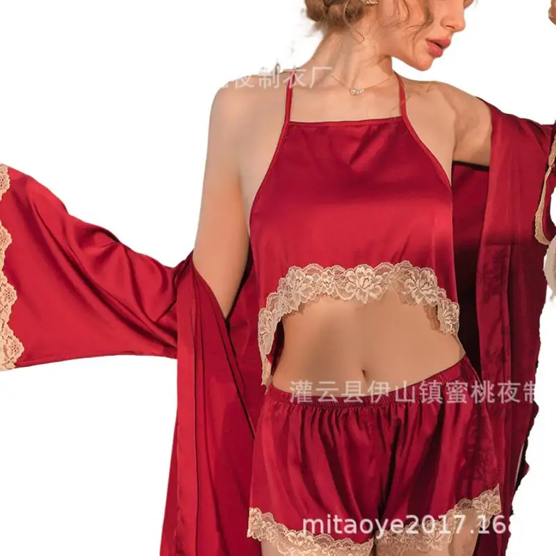 

Модный сексуальный комплект пижамы: шорты с эффектом подтяжки бедер, вентилируемые, кружевные, топ с длинными рукавами, халат, комплект из трех предметов, комплект нижнего белья