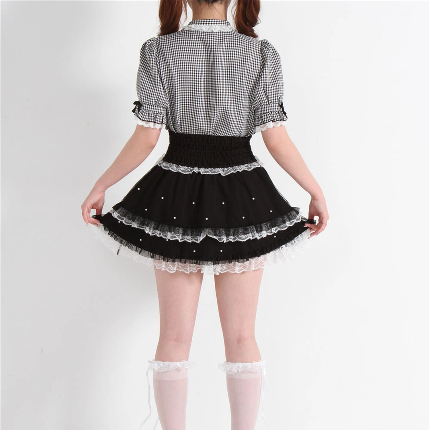 Saias japonesas estilo mina produzidas em massa, renda, patchwork, frisado, cintura alta, arco, linha a, doce, fofo, versátil, lolita, saia feminina