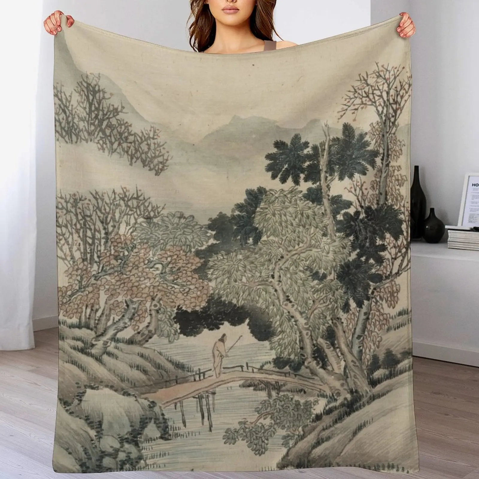 

Vintage Japanese Landscape Painting Throw Blanket Soft Solid Color Blanket for Couch Bed