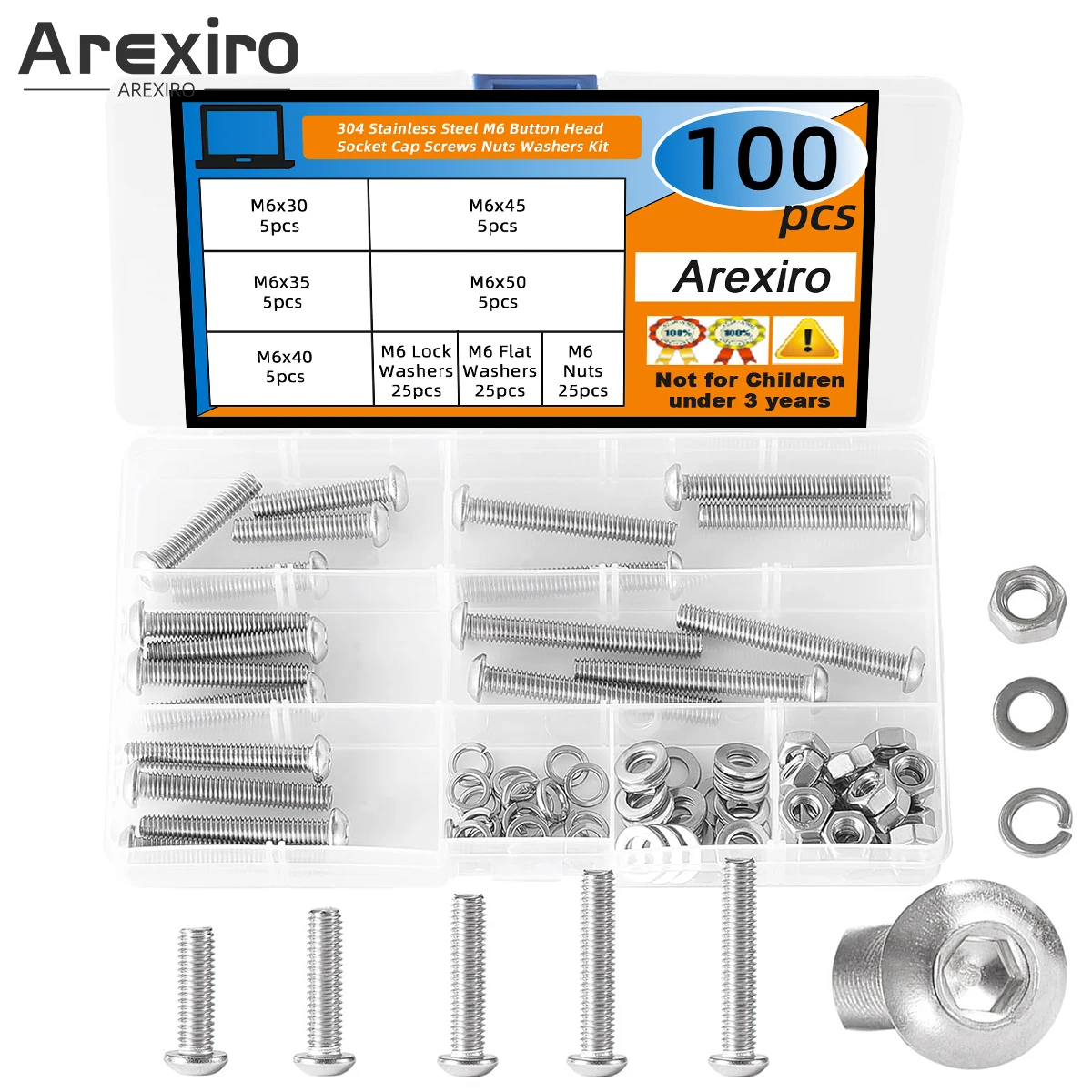 

100Pcs 304 Stainless Steel M6x30/35/40/45/50mm, Button Head Hexagon Socket Screw Bolt Washer Nut Combination Kit
