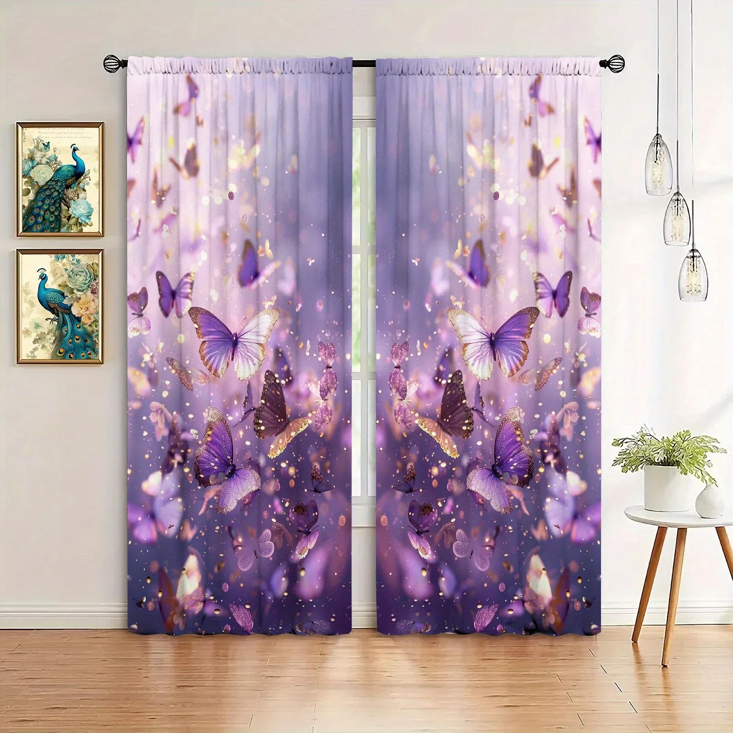 2pcs Purple Butterfly Printed Curtain for Home Decor - Rod Pocket Window Treatment for Bedroom, Office, Kitchen, Living Room