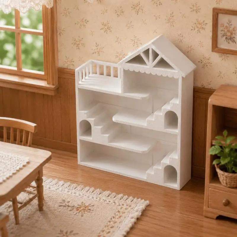 White Multi-Story Villa Display Shelf Creative Staircase Design Storage Rack for Miniature Collection Doll Scene Desktop Display