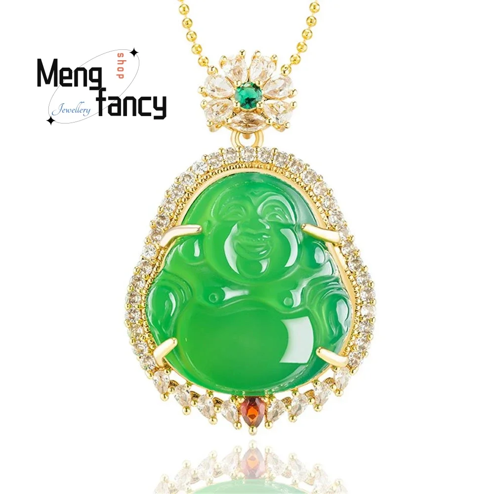 

Genuine Natural Green Agate Maitreya Buddha Copper With Gold Plating Ice Pendant Exquisite Fashion Luxury Jewelry Holiday Gifts