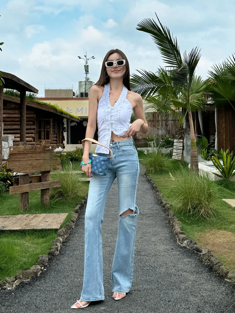 

Slim Fit Bell Bot Jeans Women's Summer Casual Sle l Waist Denim Pants Torn Micro Stretch Straight Leg Jeans