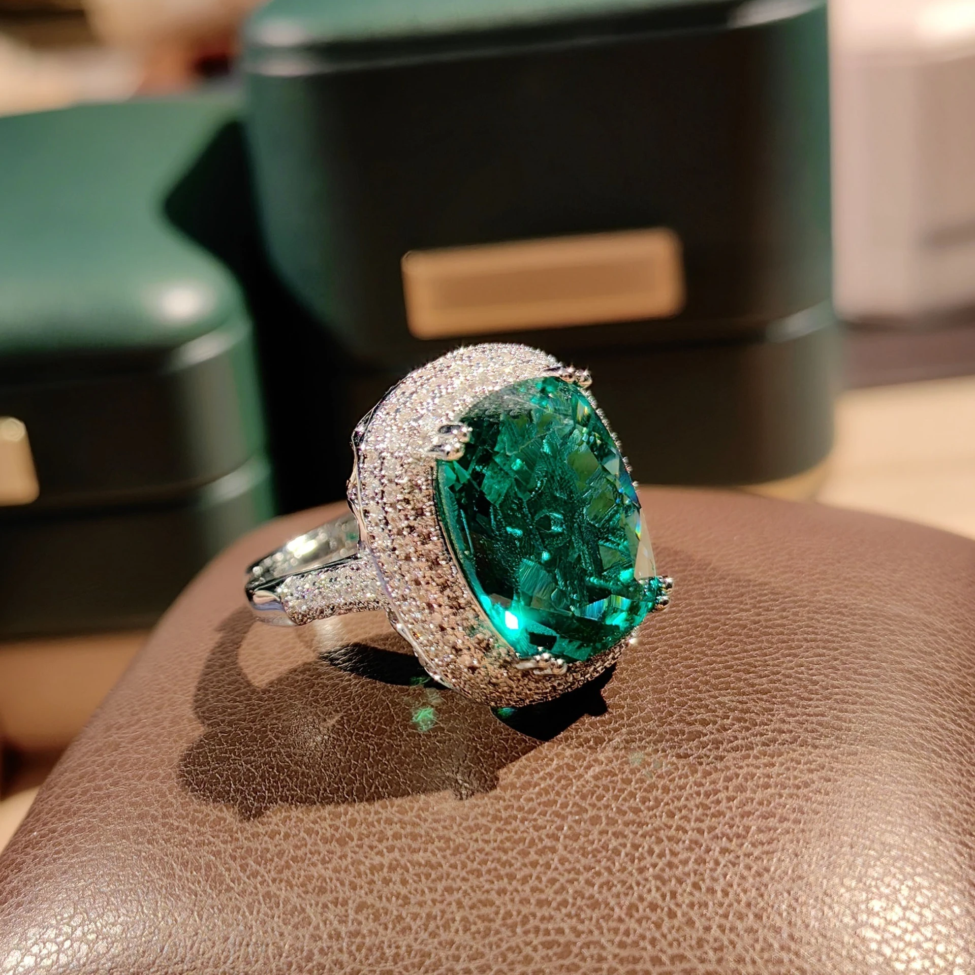 

Women's Elegant Fashion Jewelry Set,Inlaid Long Rectangle Green Diamond Emerald Pendant Necklace,Earrings,Ring for Perfect Gifts