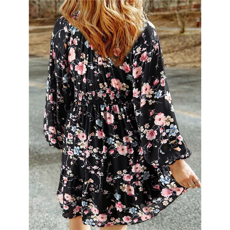 CYL-Fall Dresses For Women Boho Floral V Neck Long Sleeve Smocked Elastic Waist Casual A-Line Mini Dress Sundress