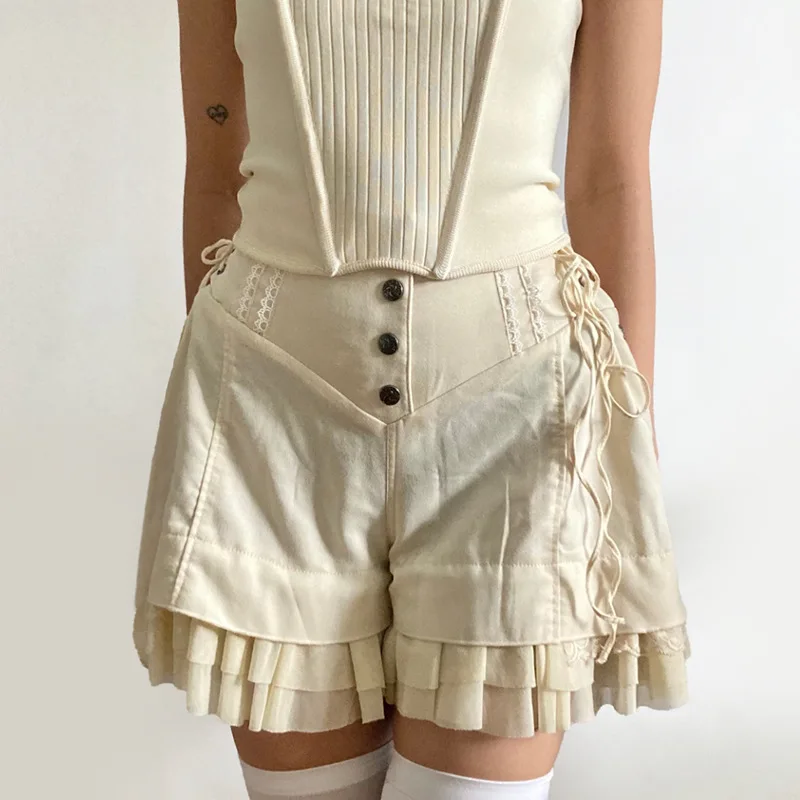 New khaki Skirt Sweet Mesh Tiered Ruffle Skirt Pants Wide Form Side Bandage Fashion Trendy Lolita Skirt Soft Girls Shorts Y2K