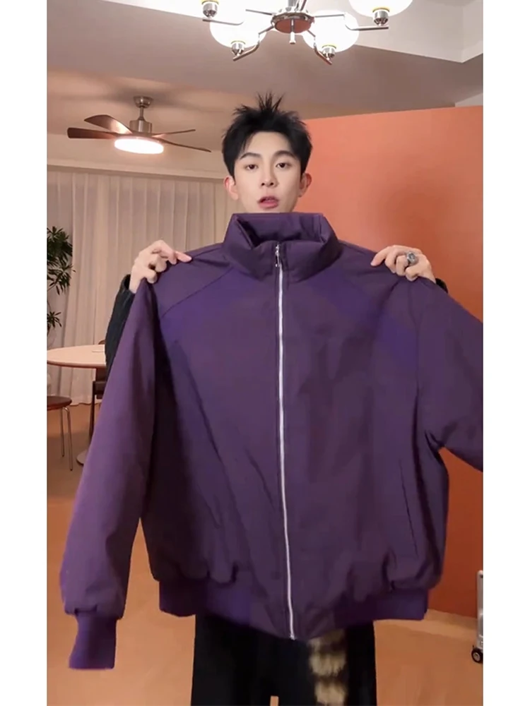 

Deconstructed Purple Ribbed Patchwork Jaet Men's Winter American Sle Baseball Collar ort Cotton Coat Youth Faion