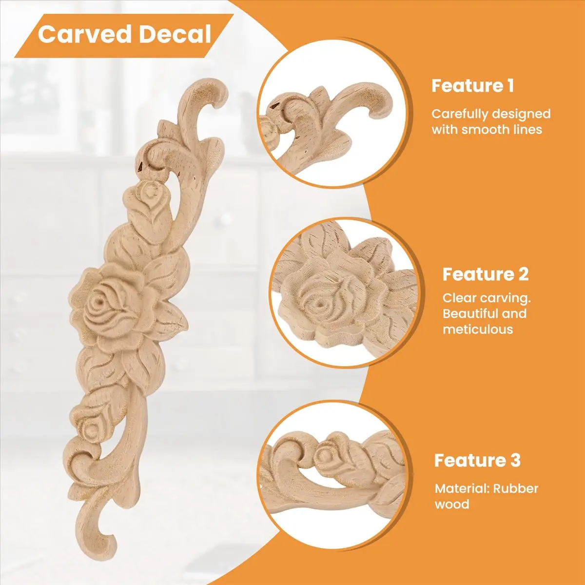 &A11I 4pcs 20*5cm Rubber wood Carved Long Onlay Applique Unpainted Rose Flower Door Home Decor European Style