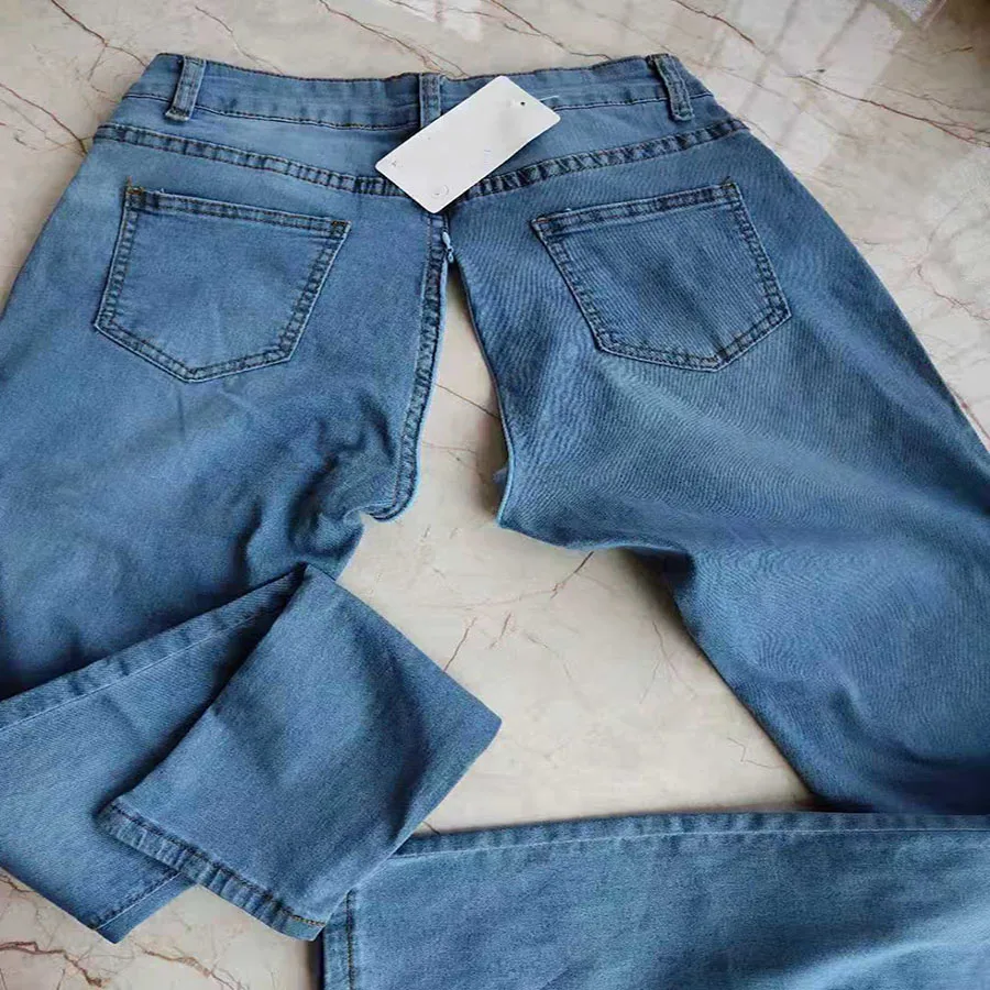 Calça de sexo feminino virilha aberta, chique bordado de borboleta, cintura alta sino inferior, jeans rasgado flare, namorado pés largos denim longo