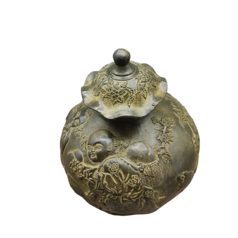 

Exquisite Chinese Old Bronze Hand-Carved Handicraft Seven sons children lid pot Statue Storage food seal up jar