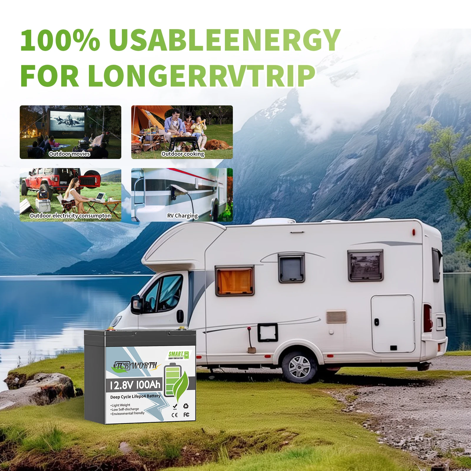 TCBWORTH 12V 100Ah LiFePO4-Lithiumbatterie mit 100A BMS, Low-Temp-Schutz, 7000+ Zyklen für Trolling-Motoren, Wohnmobile, Solarsysteme – Detail 8