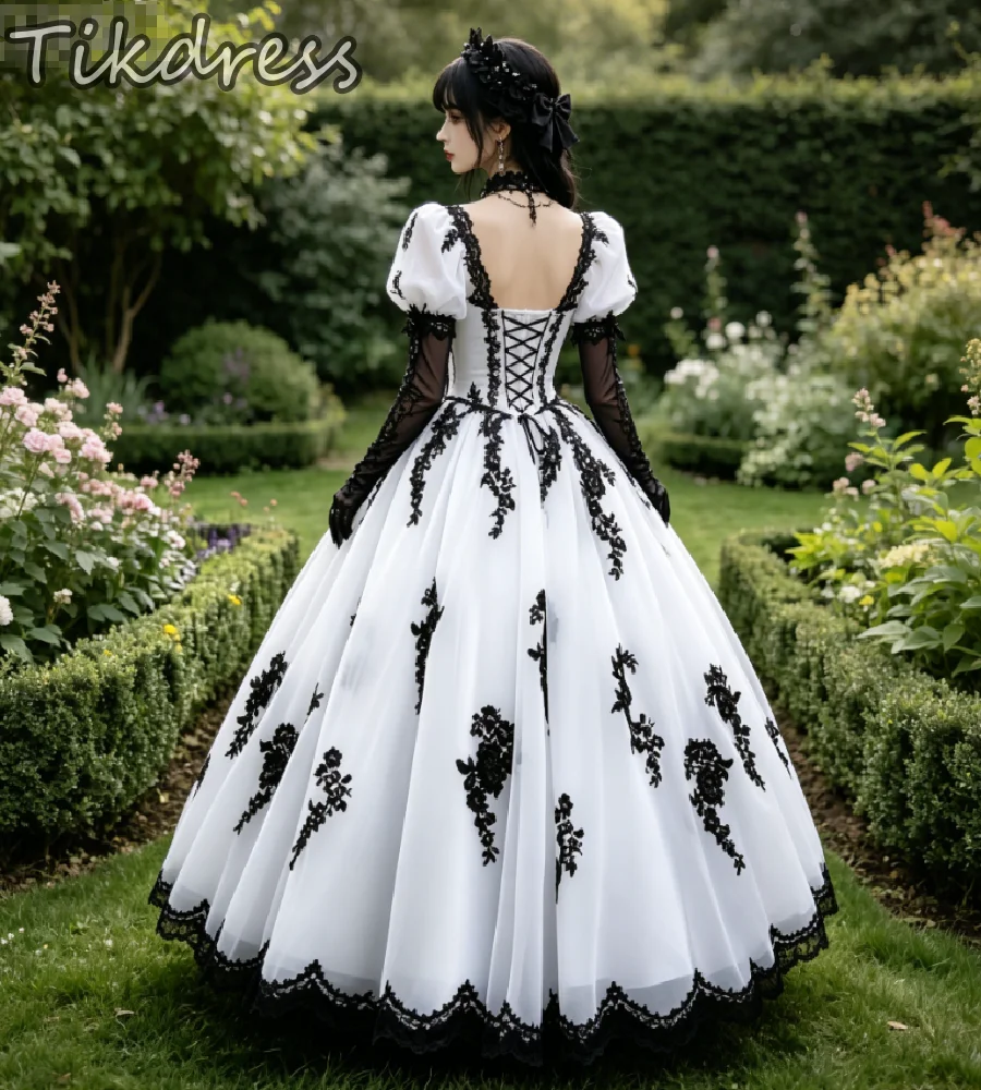 Vampire White Black Gothic Wedding Dress 2026 Puff Sleeve Lace Halloween Floor Length Victorian Dark Theme Bridal Gown Lace Up