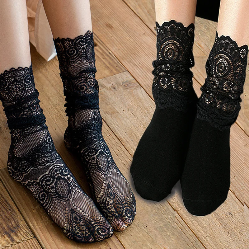 Spring Summer Floral Mesh Black Lace Socks for Women Sexy Hollow Stockings Japanese Lolita Princess Socks Charm Girl Hosiery Sox