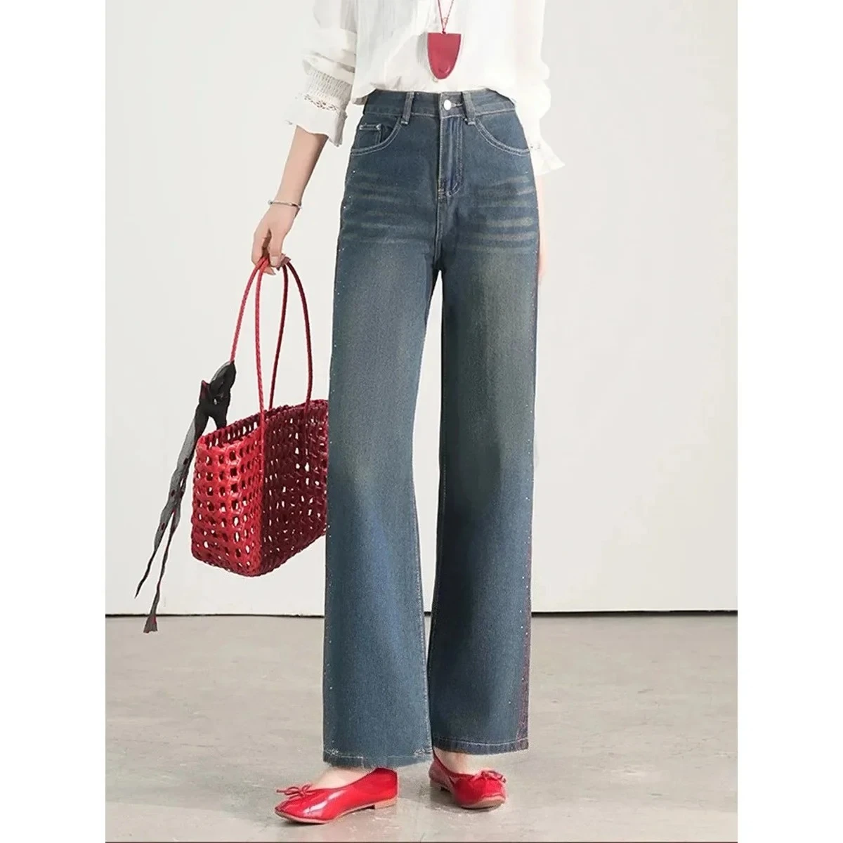 Embroidery Wide Leg Straight Jeans 2025 Summer Simple Wash Long High Waist Loose Denim Pants Retro Fashion Women's Trousers