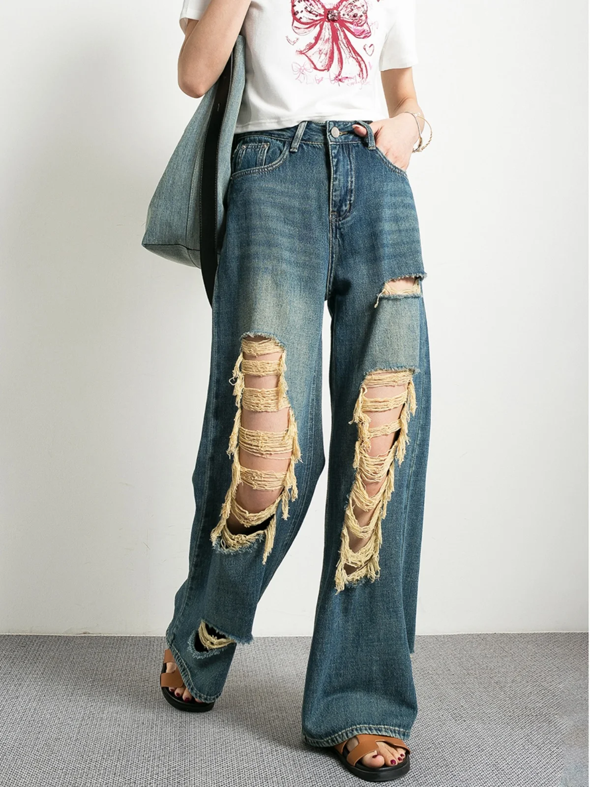 

Женские летние джинсы с асимметричными прорезями, тонкие, синие, широкие штанины, с высокой талией, из денима, с регулировкой температуры