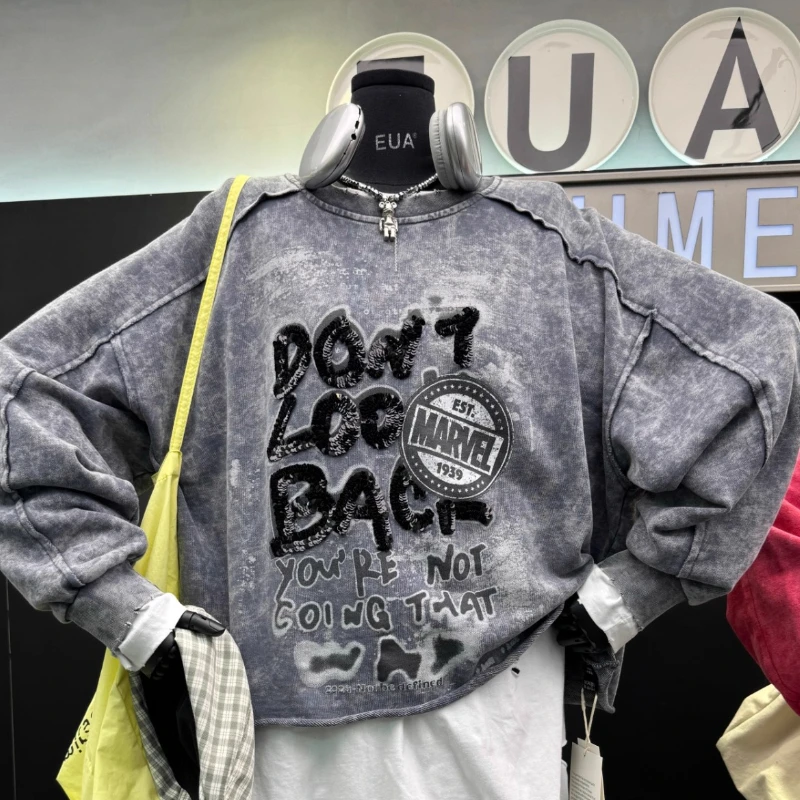 Special Design Distressed Printed Sequin Sweatshirt For Women's New Loose Casual Style Top 2025 Autumn New O-neck Top Clothes
