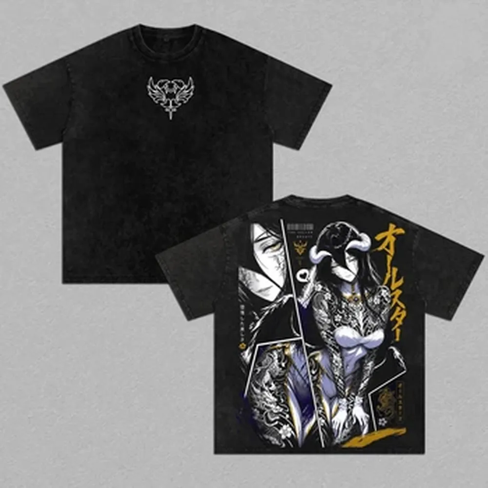 Albedo Overlord Anime T-shirt Gothic Y2k Vintage Washed T Shirt Men Women Clothing Summer Short Sleeve Pure Cotton Tees Clothes