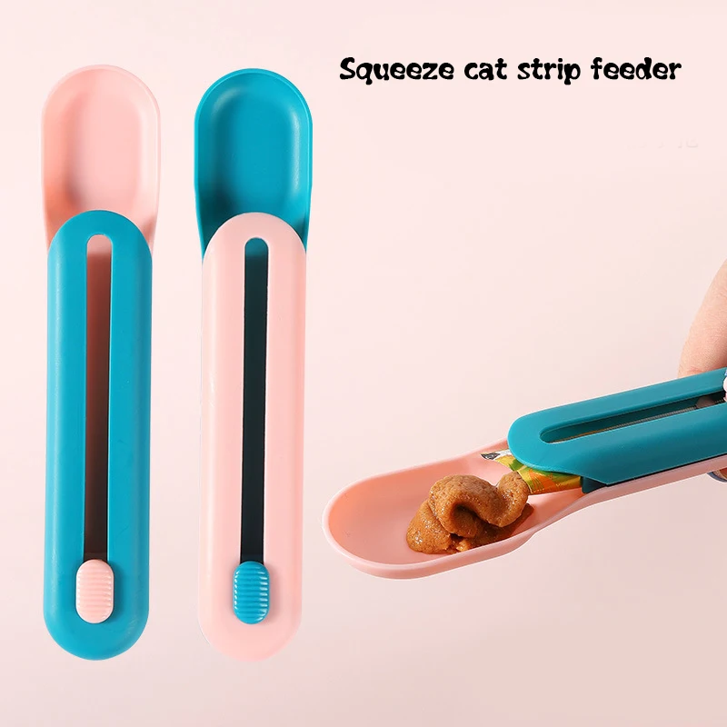 Pet Cat Feeding Scoop Button Pushed Design Portable Food Long Strip Cat Snack Squeezer Feeder Multipurpose Spoon Pet Supplies