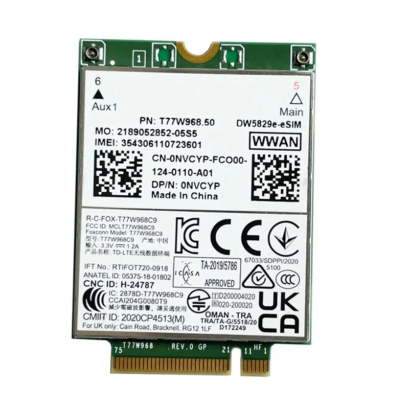 B68C T77W968.50 Dw5829e-ESIM M.2 4G Modem Module Cat9 450Mbps TDD-LTE 4G Module For Dell 7320 7330 7520 7530 7430 Laptop