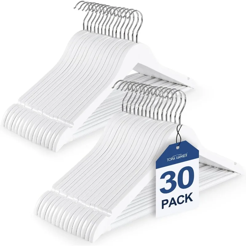 

Wooden Coat Hangers 30 Pack, White Wood Suit Hangers with Non Slip Pants Bar, 360° Swivel Hook and Shoulder Notches for Camisole