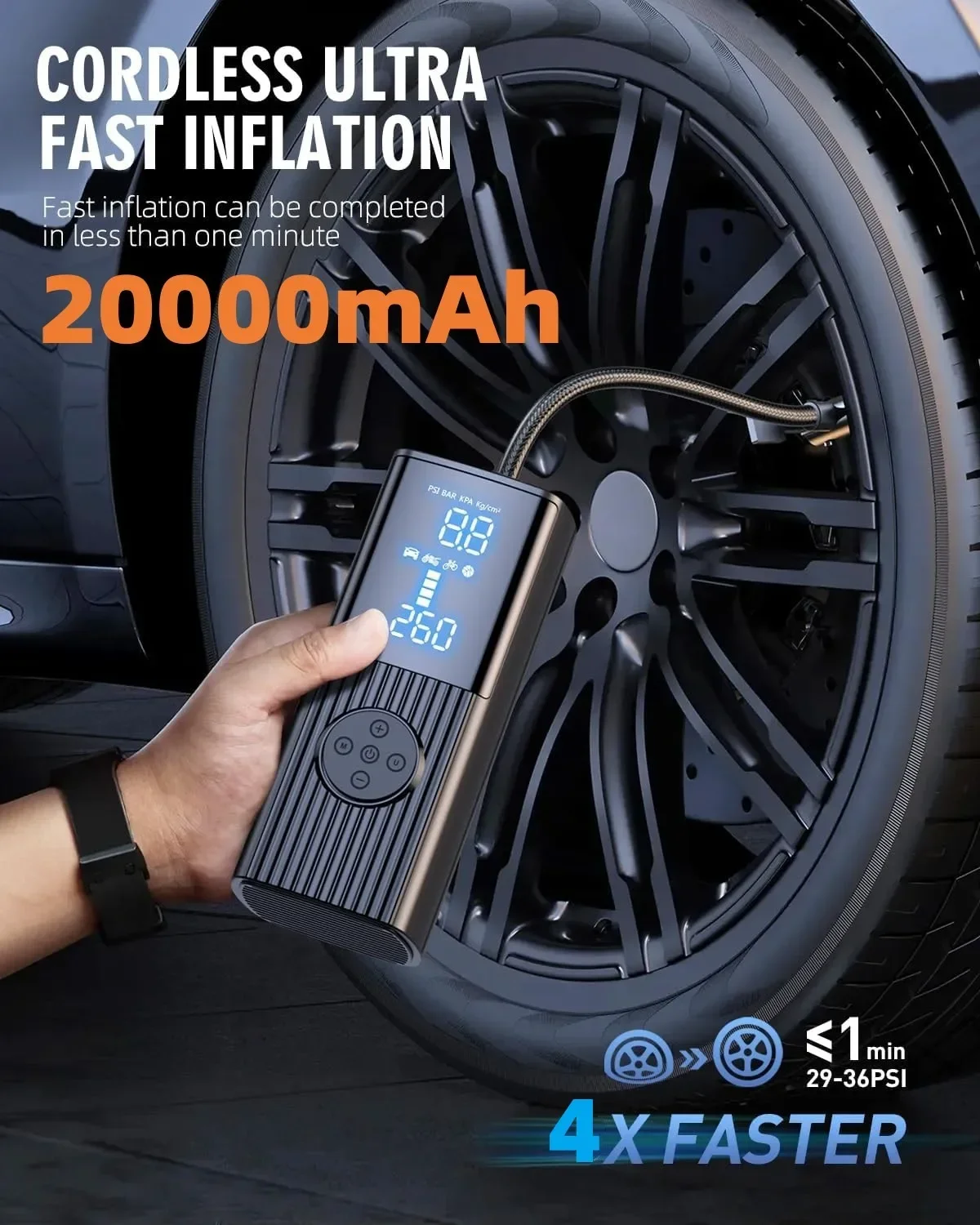 Portable 20000mAh Tire Inflator Air Compressor 160PSI 3X Fast Inflation with LED Light Tire Gauge Pressure and Multi-Use for Car