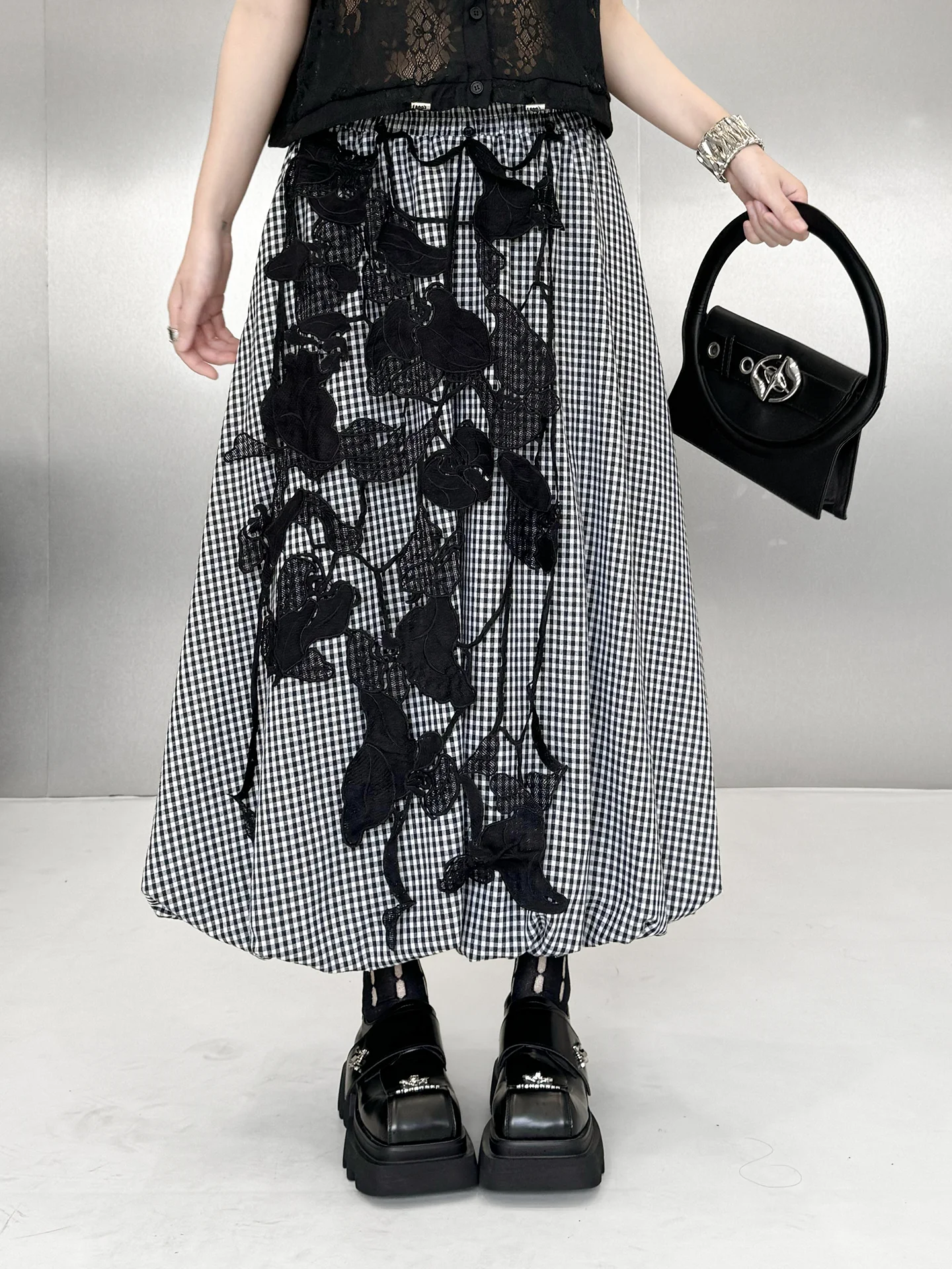 Slimming Plaid  Skirt Women's High Waist Elastic Waist Spring Summer New Style Embroidered Paneling Bloomer Skirt