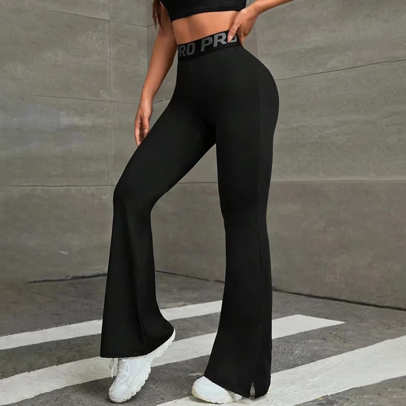 

Letter Elastic Waist Gym Sports Trousers Women Black Slim Flared Leggings Woman Spring Fall Quick Drying Fitness Wide Leg Pants