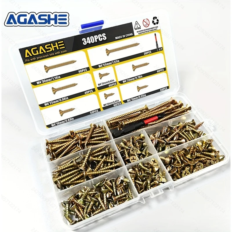 

AGASHE 340pcs M4 Flat Head Wood Screws Kit with 1 Drill Bit. Phillips drive, countersunk, self-tapping. Yellow zinc plated, full