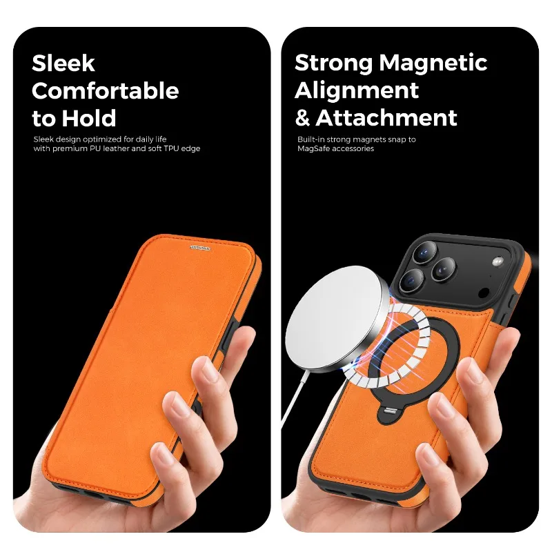 Etui z funkcją bezprzewodowego ładowania, z klapką, skórzane, z przegródkami na karty i podstawką, do iPhone 17 Air, 17 Pro Max, 16 Plus, 15 Pro Max, 14 Pro, 13, 12. — zdjęcie produktu 6