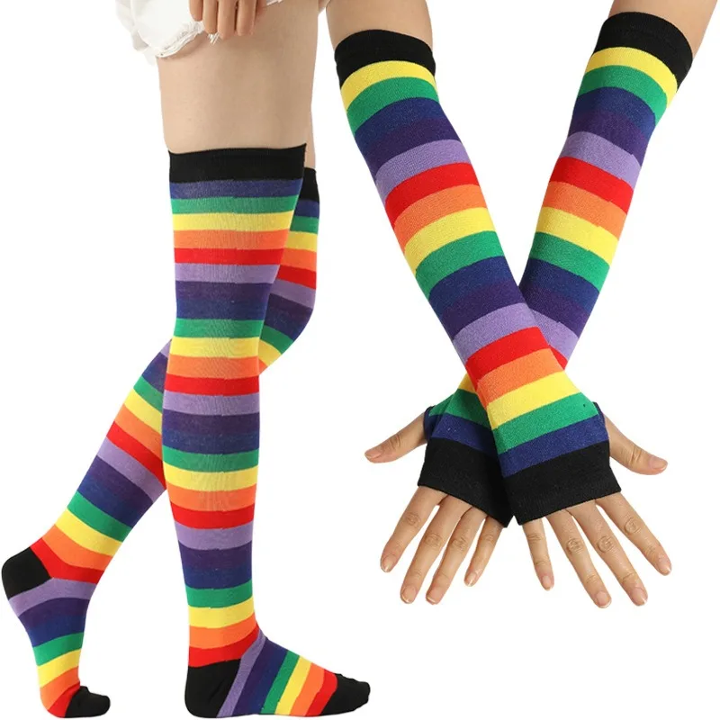 1Set Colorful Rainbow Stockings + Arm Warmer Gloves Cotton Striped High Thigh Knee Socks Festival Party Cosplay Socks