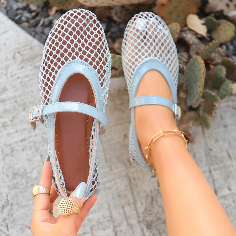 Women's Flat Sandals New Summer Round Head Breathable Non-slip Line Button Fishnet Sandals Shallow Comfort Luxury Ladies Shoes