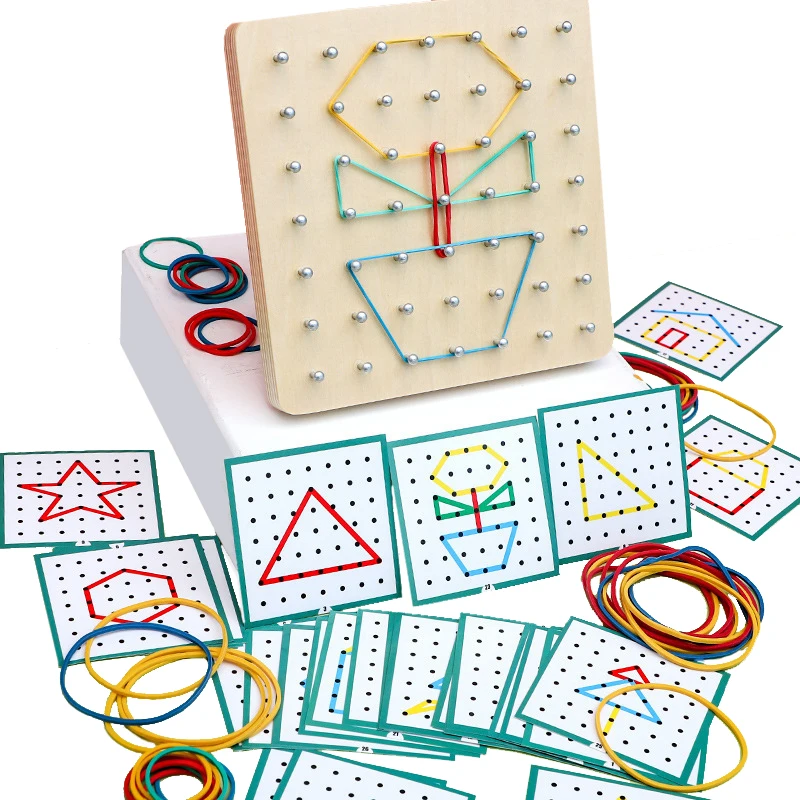 Children Math Wooden Toys Set Geometric Shape Rubber Band Nailboard Game Montessori Educational Creative Toy Fine Christmas gift