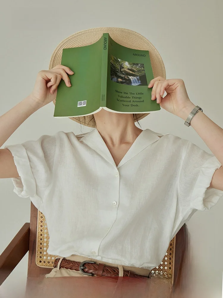 Yoka Home Cuban Collar Linen Short Sleeve Shirt Women's Commute Versatile Fashionable Breathable Skin-friendly Striped Shirt