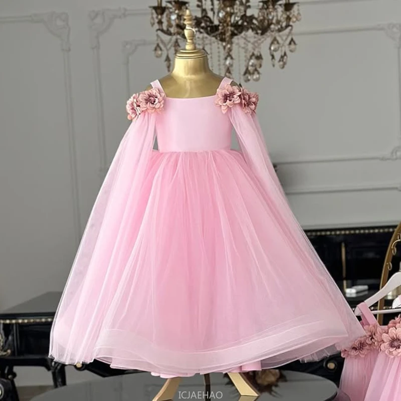 

Wed Dress Children Pink Flower Girl Wedding Dresses Clothes Kids Piano Performance Host Princess Birthday Party Gown Costume