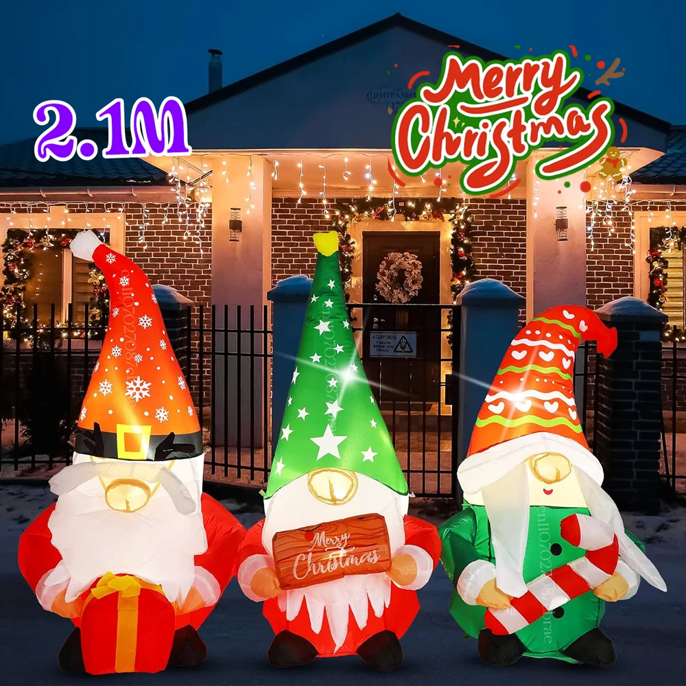 2.1M Long Inflatable Christmas Three Gnomes With Built-in LED Lights, Gift Box Candy Stick Brand, For Lawn And Garden Decoration