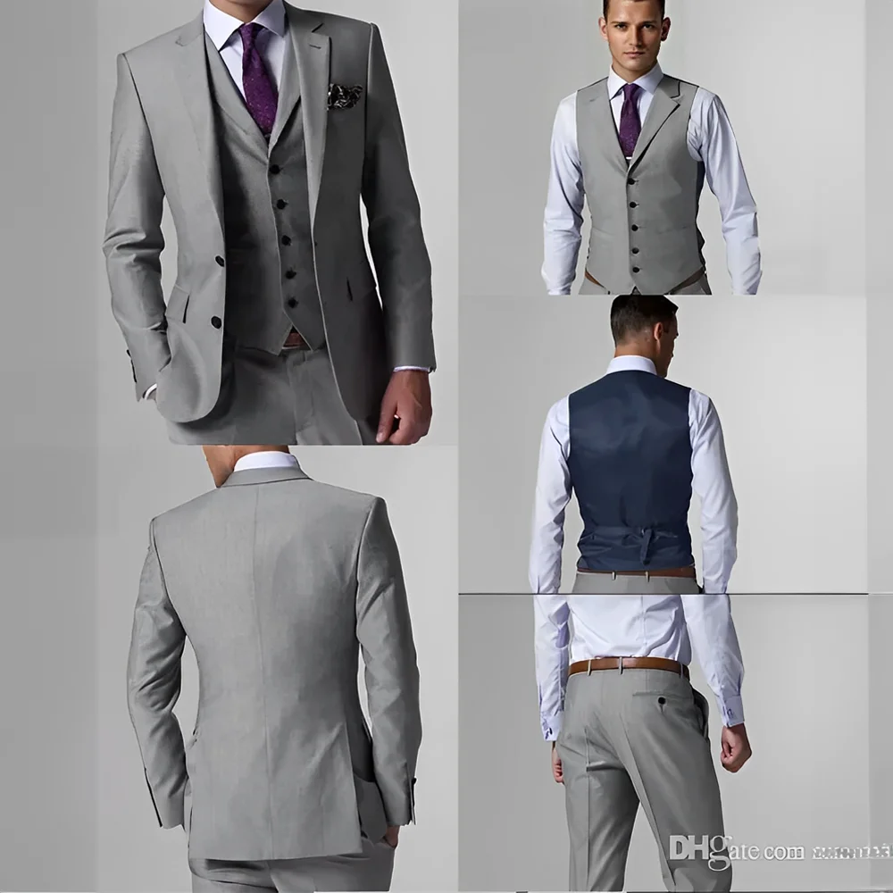 

Elegant Light Grey Groom Tuxedo Suit with Side Vents, Notch Lapel & Wedding Vest - Includes Jacket, Pants, Vest & Tie