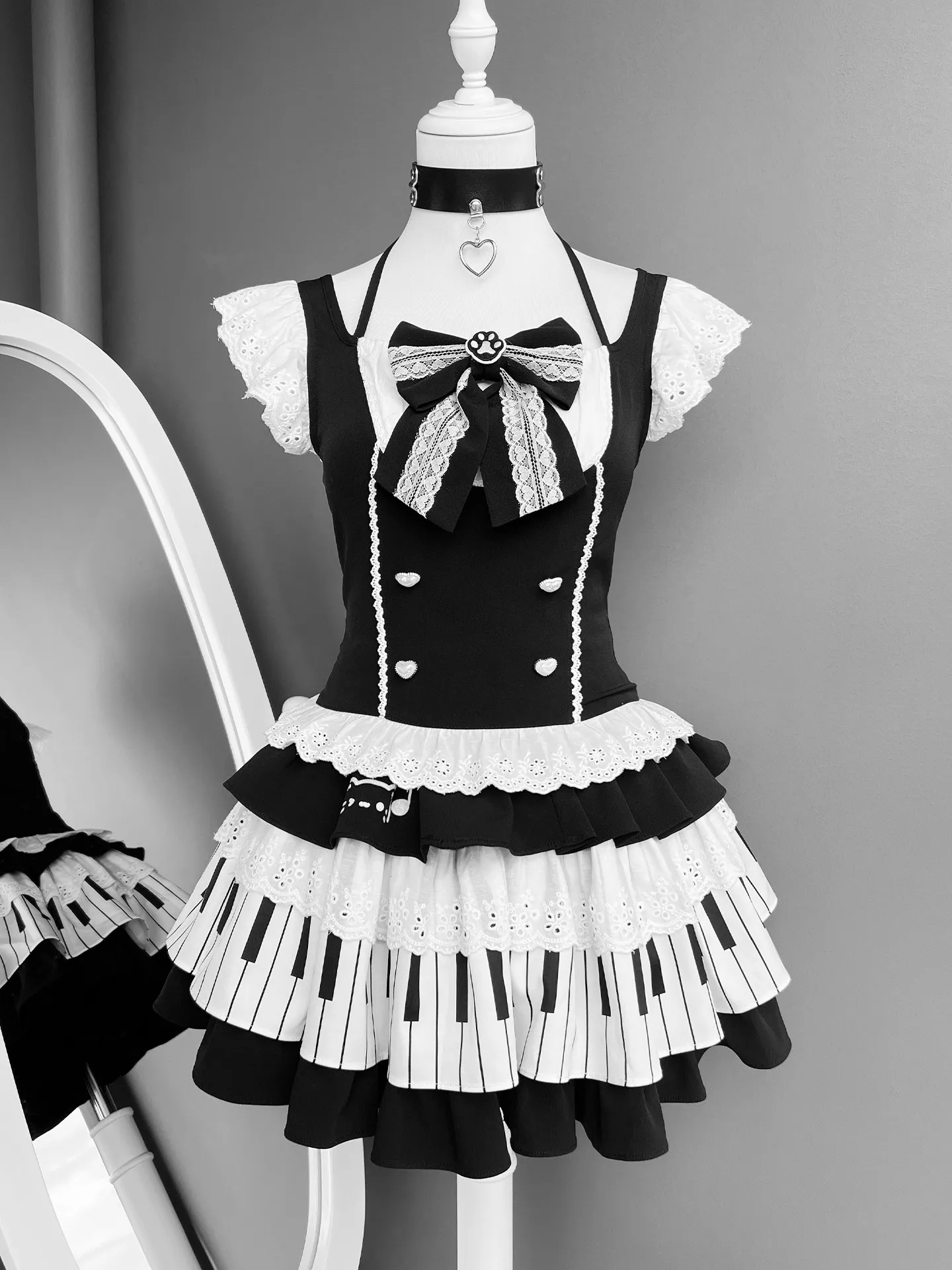 

2026 Summer New Japanese Original Design Subculture Y2k Soft Cute Girl Cute Bow Top Piano Element Skirt Suit for Women