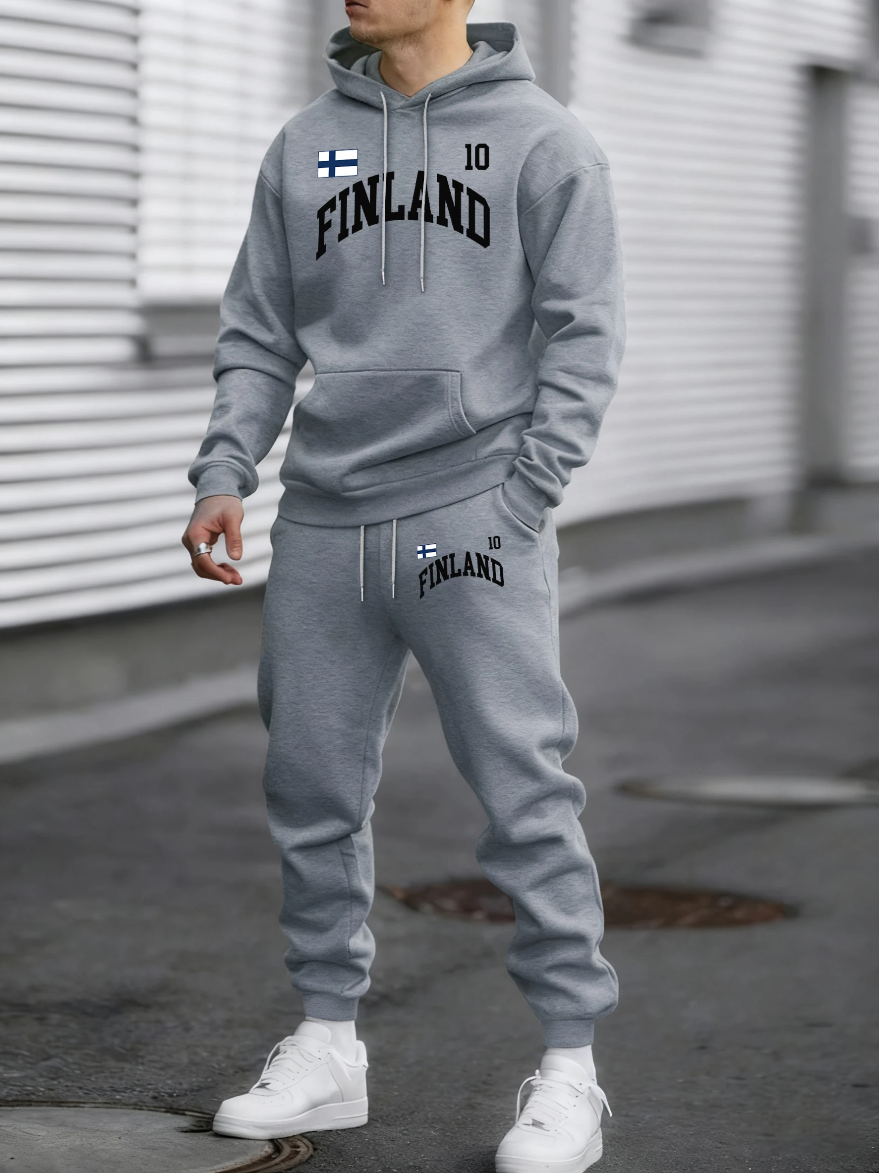 

Finland Flag Printed Man's Autumn Winter Pocket Hoodies Sweatpants Suit Fleece All-Match Sweatshirt Loose Daily Jogging Pants