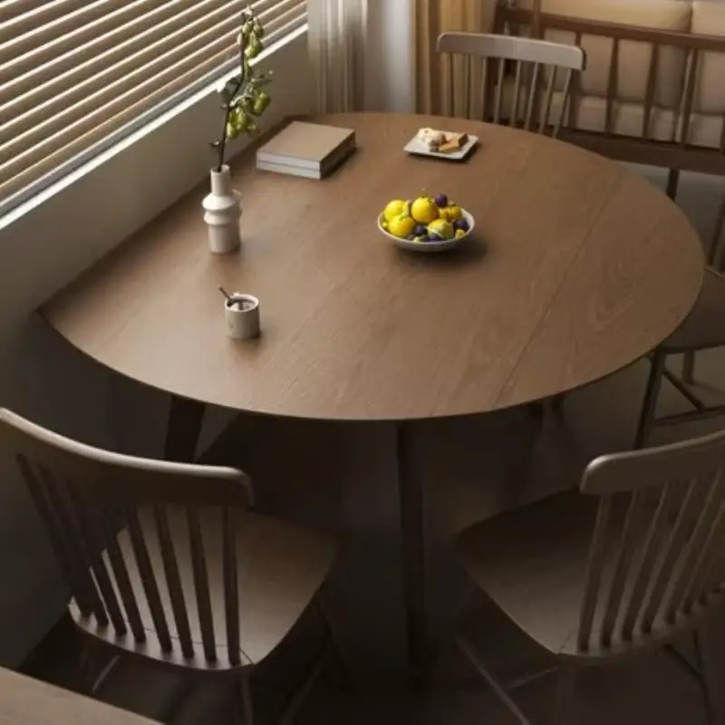 Solid wood folding round dining table household small apartment table and chair combination square table variable retractable