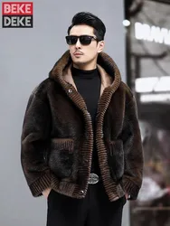 New Mens Faux Fur Hooded Coat Autumn Winter Outerwear Warm Long Sleeve Fashion Single Breasted Design Reversible Casual Jacket