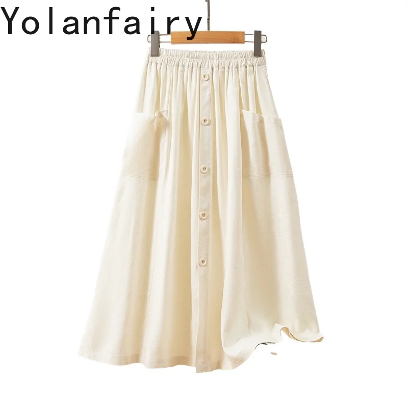 

YOLANFAIRY 100% Real Mulberry Silk Summer Skirt Woman Vinatge Jacquard Pleated Skirt Versatile Elastic Waist Skirts with Pockets