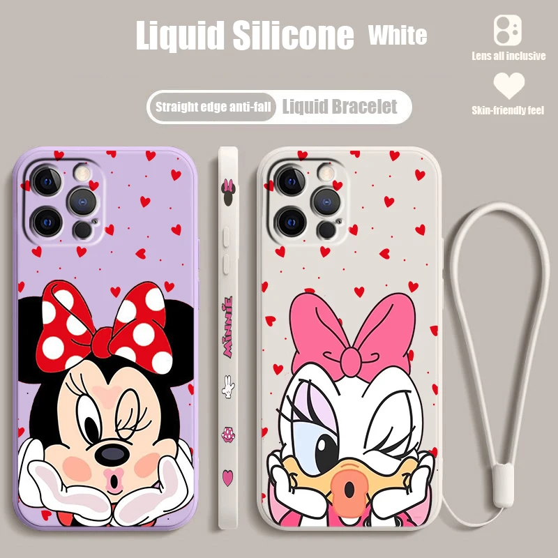 Minnie Daisy Cute Disney Liquid Left Rope For Apple iPhone 15 14 13 12 11 XS XR X 8 7 SE Pro Max Plus Mini Soft Phone Case