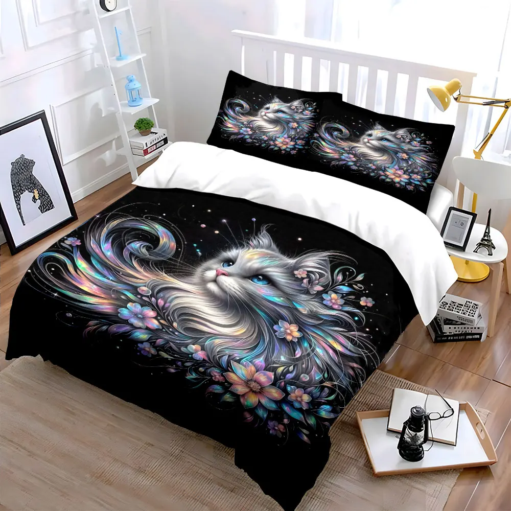 Dreamy Cat with Vibrant Flowers Bedding Set for Kids Luxury Gift 3pcs Digital Print Comforter Set Soft Comfortable Breathable