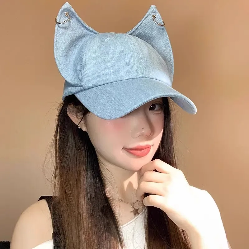 

Y2K Doberman Dog Ears Baseball Cap Washed Denim Vintage Streetwear 3D Embroidery Couple Hat Hip Hop Adjustable Dad Hat