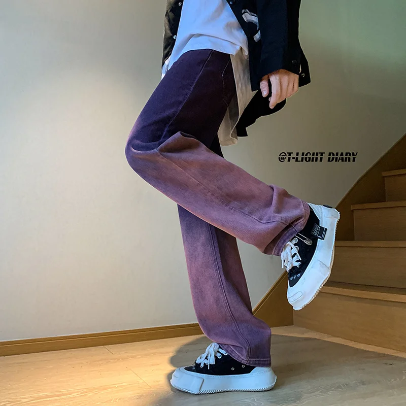 Fashion Tide Purple Baggy Jeans Men Boyfriend Low Waist Gradient Washed Y2k Jean Pants Mopping Straight Denim Trousers 5XL-M