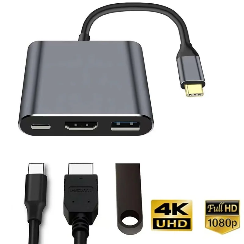 3-in-1 Typ-C-Hub USB 3.0 HDMI-kompatibler Splitter PD-Ladeadapter Stecker-zu-Buchse Verlängerungskabel Laptop-Docking-Zubehör